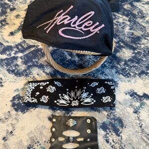 Harley-Davidson Head Band and leather pony tail wrap, black head band - set of 3